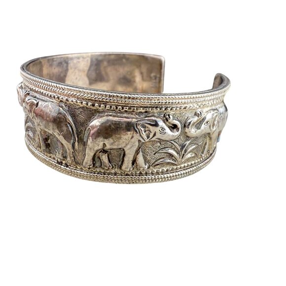 Sterling Silver Elephant Cuff Bracelet Embossed Safari Design Tribal Jewelry 925 - Picture 5 of 8